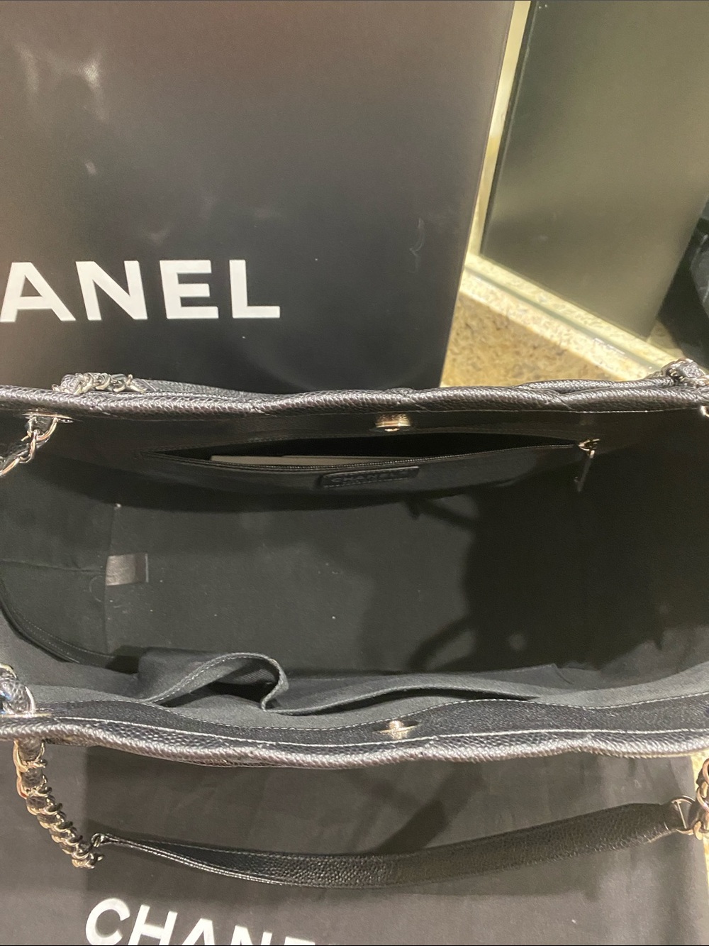 CHANEL Black Quilted Caviar Leather Tote with Chain-Strap Handles - Picture 3 of 8